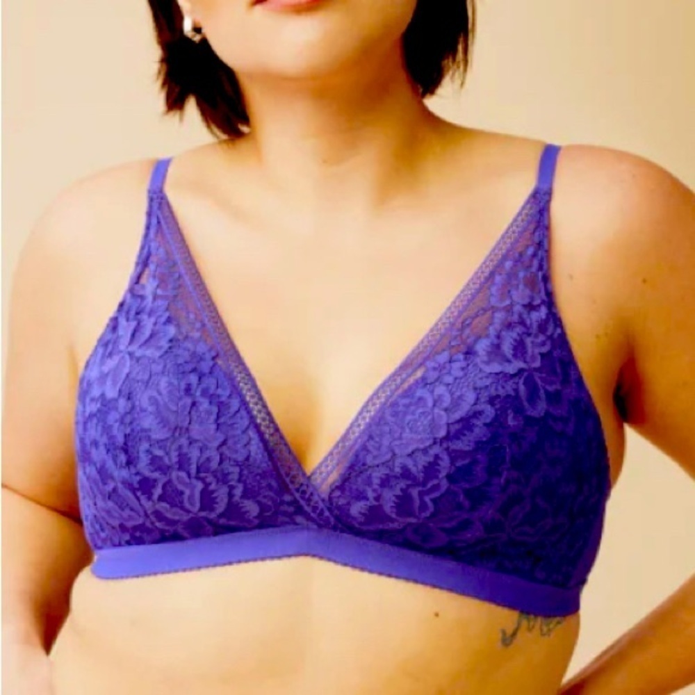 KNIX Sz XL Deep V Lace Padded Underwire Free Comfort Bralette In Periwinkle NEW